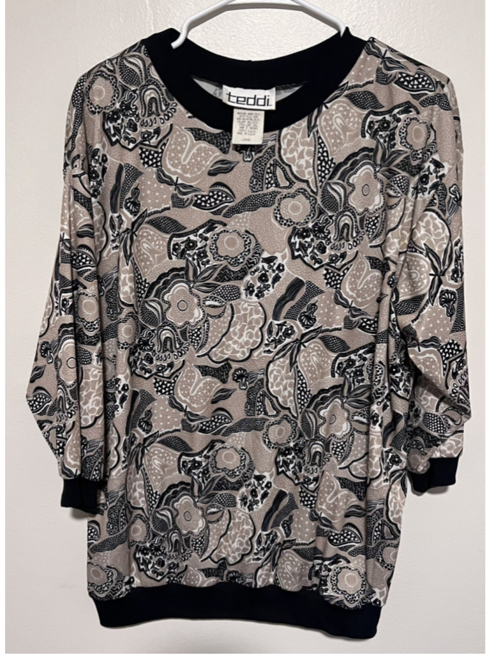 Vtg Teddi Retro Floral Top Women’s Large Black Tan Banded Pullover 3/4 Sleeve